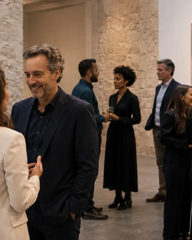 A cross generational group in animated discussion at a gallery evening