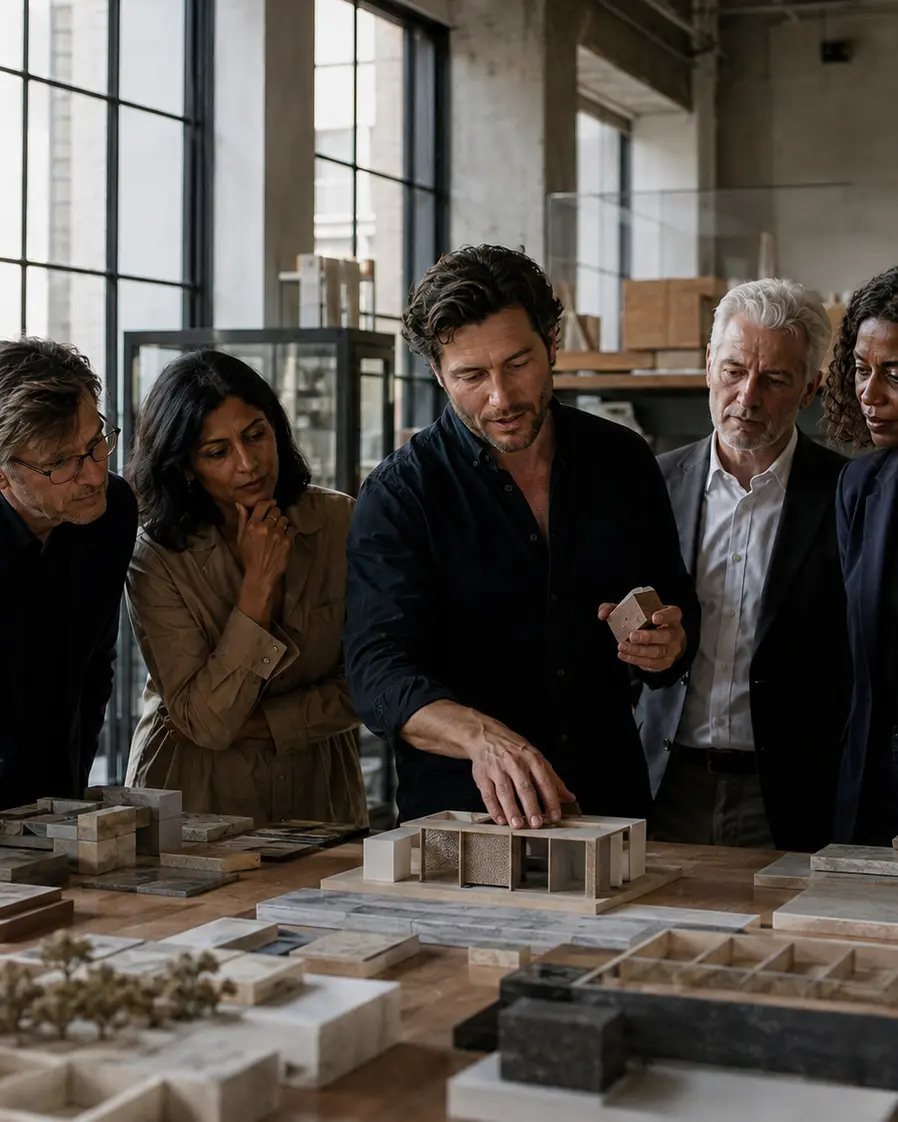 A group studying an architectural model together in a sunlit studio