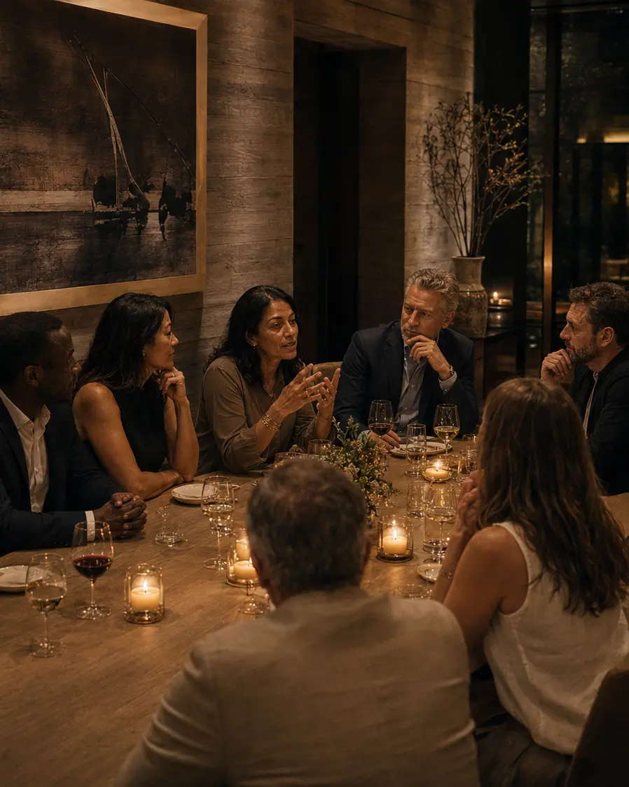 Guests in conversation around a long table at an intimate dinner